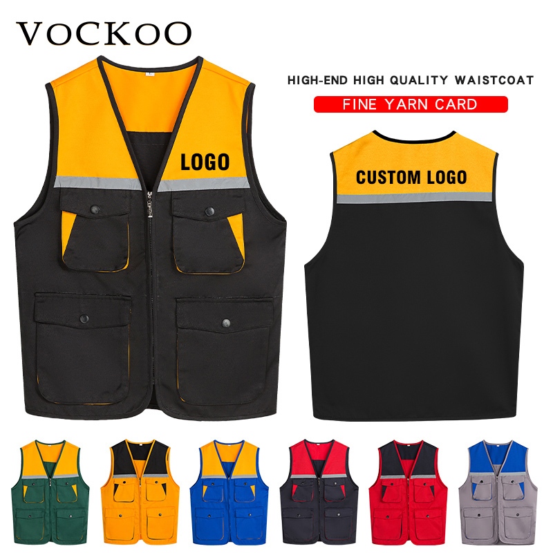 Workwear เสื้อกั๊กแจ็คเก็ตแขนกุดหลายกระเป๋าโลจิสติกที่กําหนดเอง Express Corporate Travel Workwear ปักโลโก้