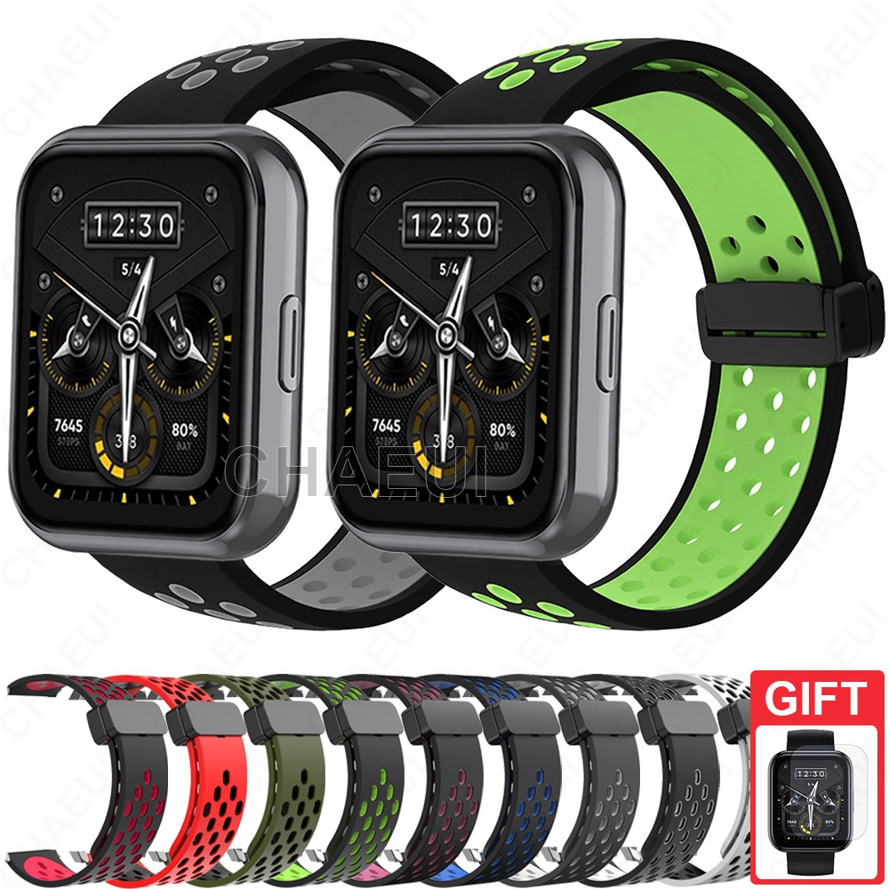 สายซิลิโคน สร้อยข้อมือหัวเข็มขัดแม่เหล็กวงสีคู่สําหรับ Realme Watch 5 / 3 / 3 Pro / 2 / 2 Pro / S