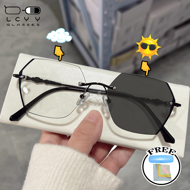 ฟรีกล่องกระจก+ผ้ากระจก Photochromic ป้องกันรังสี Frameless แว่นตาสําหรับผู้หญิงผู้ชาย Rimless Transition แว่นตา Shades ไม่มีกรอบแว่นตาคอมพิวเตอร์ Eyewea ราคา ถูกที่สุด ดีลบีเคเค