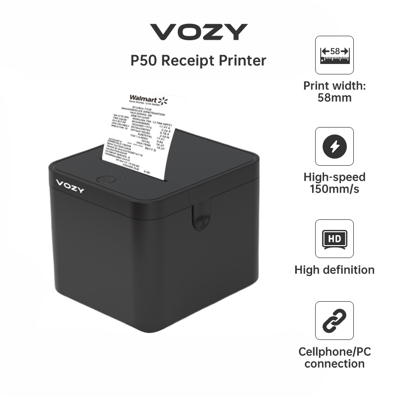 VOZY P50 เครื่องพิมพ์ใบเสร็จ เครื่องปริ้นเตอร์ แคชเชียร์ ไม่ต้องเติมหมึก ต่อบลูทูธ เหมาะสำหรับ Android iOS