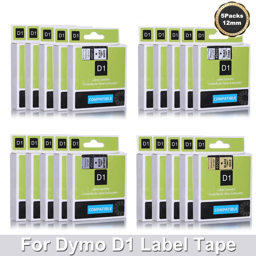 5pk 45013 เทปป้ายสีดําสีขาวสําหรับ Dymo D1 45010 45018 12 มม.ตลับหมึกสําหรับ Dymo LabelManager 160 2