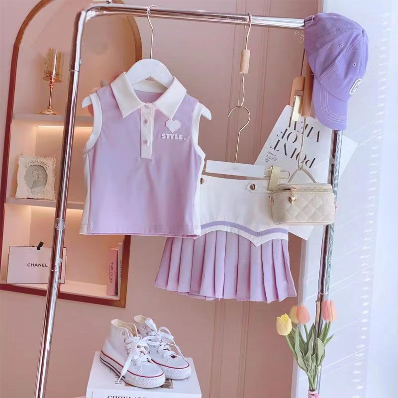 Lemon-tree 3-15Y ชุดเด็กผู้หญิงเสื้อผ้าฤดูร้อนกีฬาเด็กใหม่สองชิ้นสาวน้อยเสื้อแขนกุดสไตล์ตะวันตก+กระโปรงจีบ baju perempuan