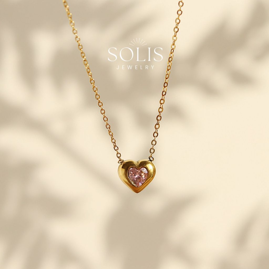 Sparkly Pink Diamond Gold Heart Pendant Chain Necklace • Waterproof Non Tarnish • 18K Gold Plated 316L Stainless Titanium Steel Necklace for Women NL087