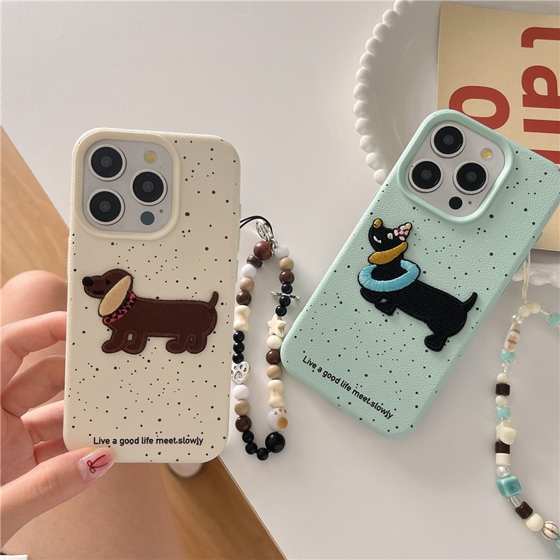 Iphone 16 15 Pro Max 14 Pro Max ลายลิ้นจี่สาดหมึกปักลายลูกสุนัขเคสโทรศัพท์วัสดุหนัง PU