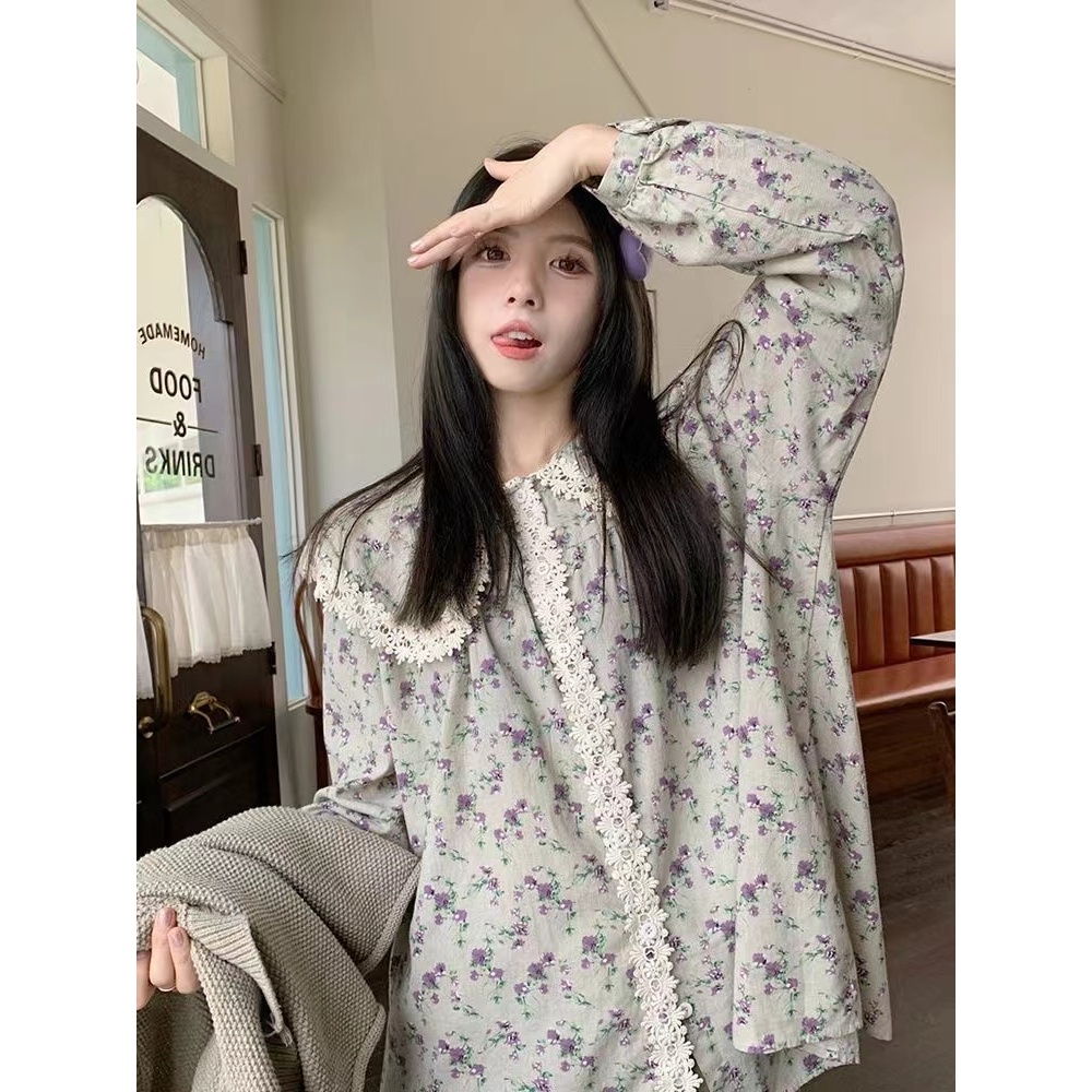 เกาหลี ผู้หญิงแฟชั่นย้อนยุคหลวมแขนยาวเสื้อลําลองปกดอกไม้เสื้อ