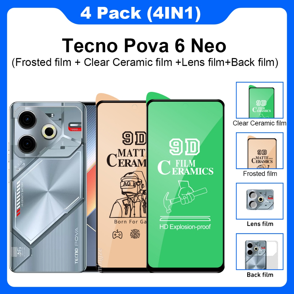 4-in-1 สําหรับ Tecno Pova 6 Neo กระจกนิรภัยป้องกันหน้าจอ + ฟิล์มกล้อง + ฟิล์มหลัง Tecno Pova 6 Pro F