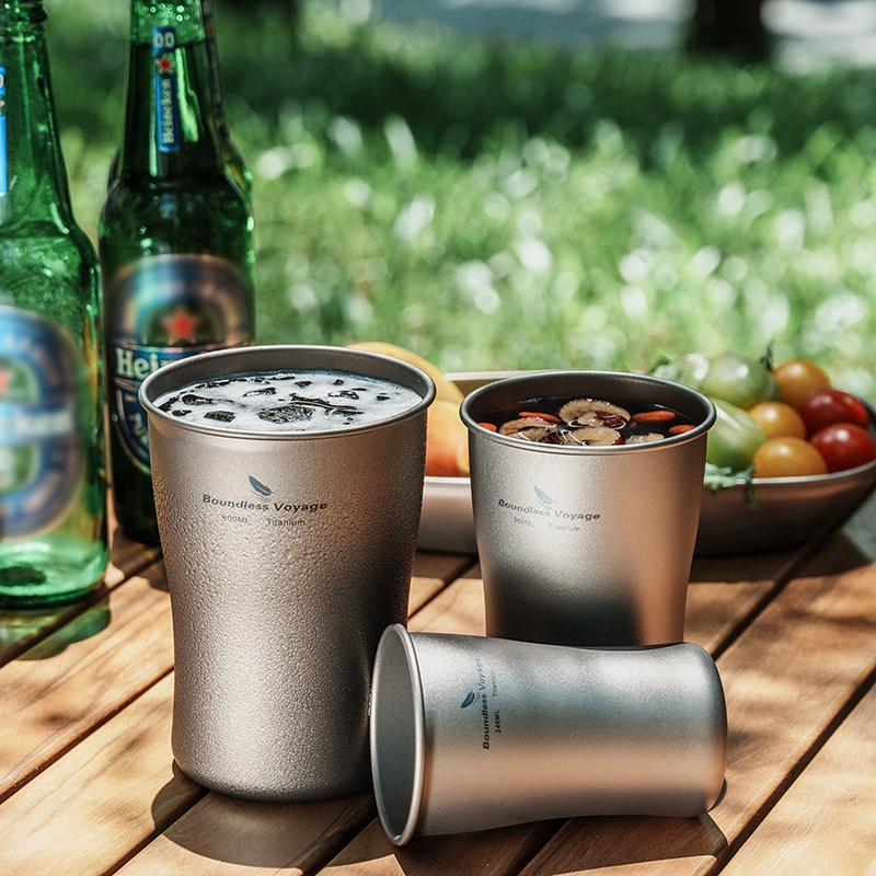 Boundless Voyage ไทเทเนียมเบียร์ Cola ถ้วย 240ml 380ml 600ml Camping Ultralight Stackable ชากาแฟเย็นฉ่ําแก้ว