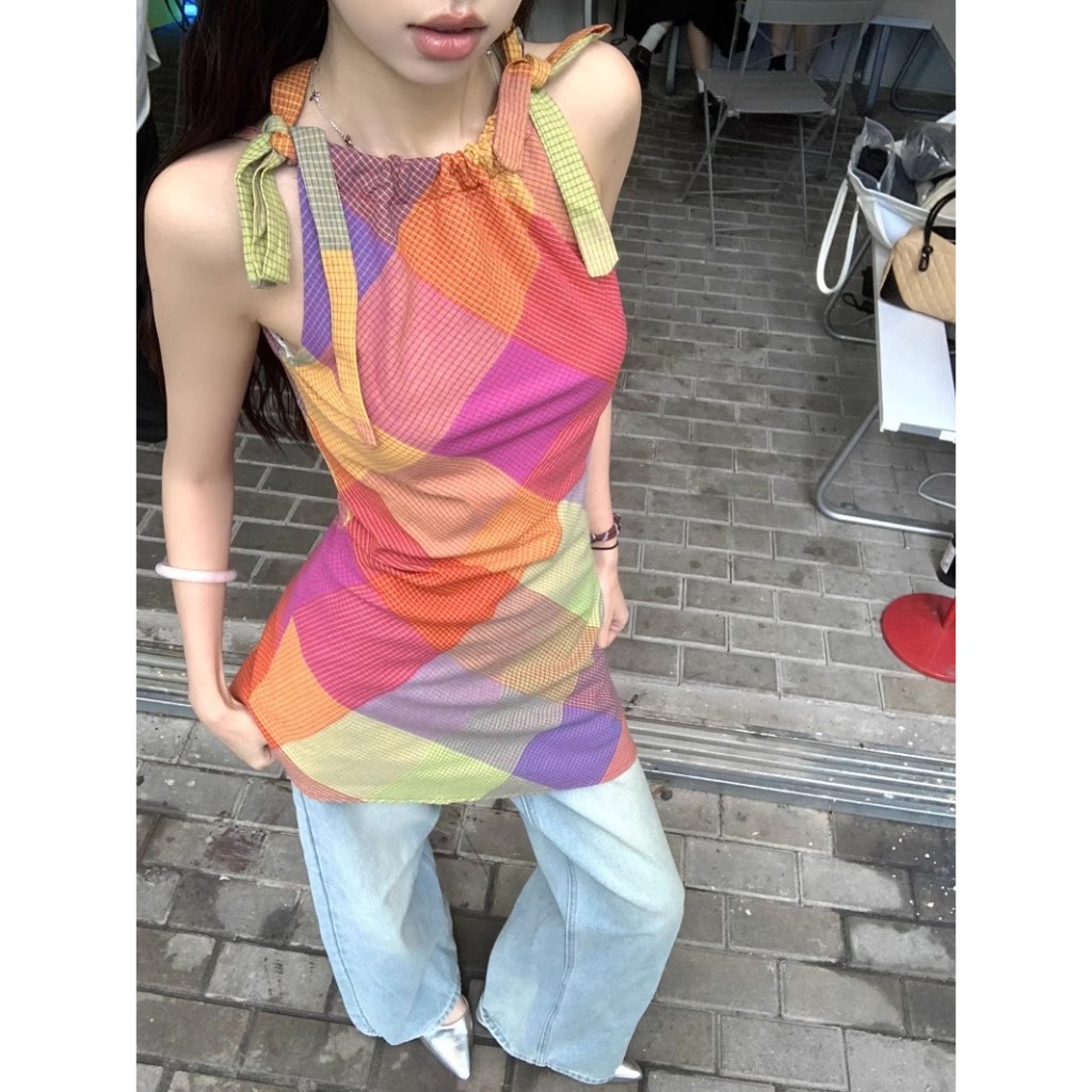 NZN สาวร้อนสไตล์ใหม่แขนกุดลายสก๊อตเอียงเชือกแขวนคอคอสลิงชุด