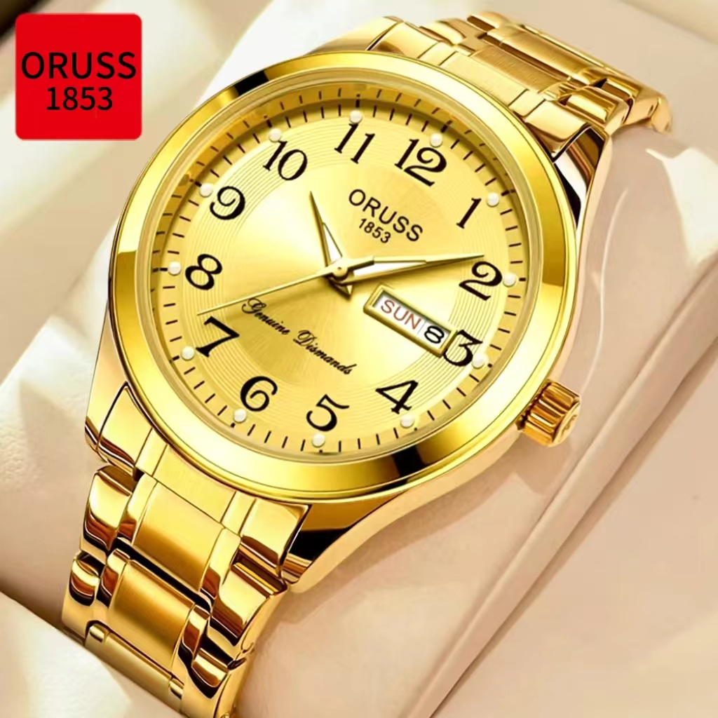 ORUSS Original Dual ปฏิทินสแตนเลสหรูหรากันน้ําทองแฟชั่นนาฬิกาผู้ชายธุรกิจ Luminous เวอร์ชั่นเกาหลี S