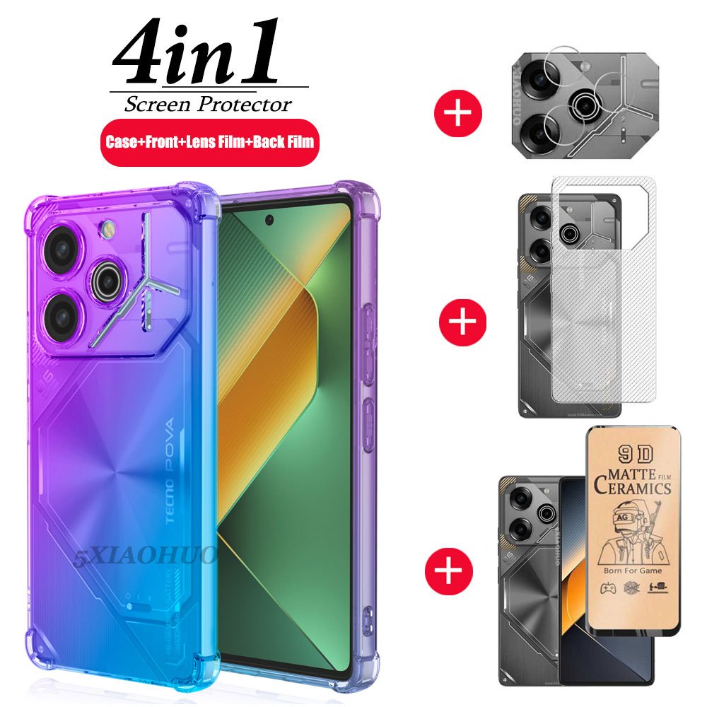 4in1 สําหรับ Tecno Pova 6 Pro เคสโทรศัพท์กันกระแทกสําหรับ Tecno Pova 6 กรณี + เซรามิค Frosted ฟิล์ม + ฟิล์มเลนส์กล้อง + ฟิล์มด้านหลัง