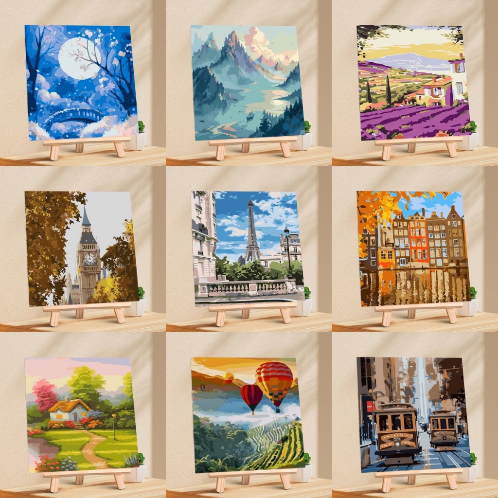 drofe มีเฟรม 20X20ซม ระบายสีตามตัวเลข ขึงเฟรมไม้พร้อมอุปกรณ์ ขนาด ฝึกสมาธิ ของขวัญ DIY สำหรับตกแต่งบ้าน