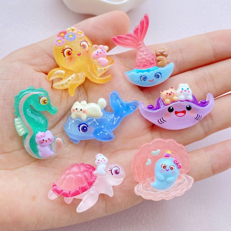 7ชิ้นน่ารักการ์ตูนมหาสมุทรเต่า,ปลาโลมา,เชลล์,ม้าน้ํา,ปลาหมึกชุดผสมหินเรซิ่น/ตัวละคร/ระบายสี/3ง/ด้านล่างแบน