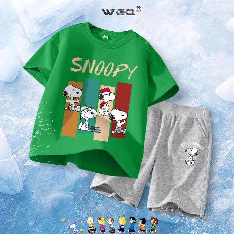 [110ซม.-160ซม.] เสื้อผ้าเด็กชายเสื้อยืดกางเกงขาสั้นแขนสั้นชุดฤดูร้อนผ้าฝ้ายแท้การ์ตูนชุดกีฬา