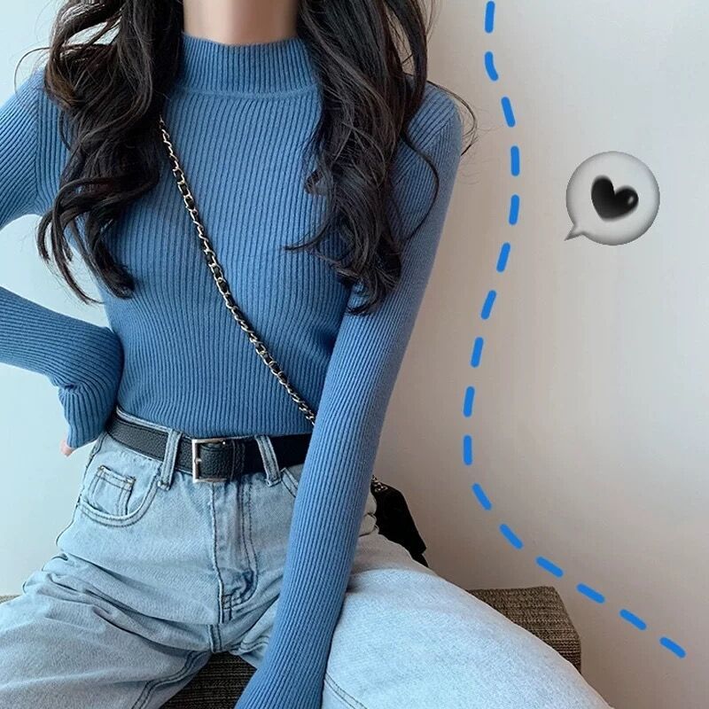 ฤดูใบไม้ร่วงฤดูหนาวรูปแบบใหม่แขนยาวด้านใน Slim-Fit Bottoming เสื้อครึ่งสูง