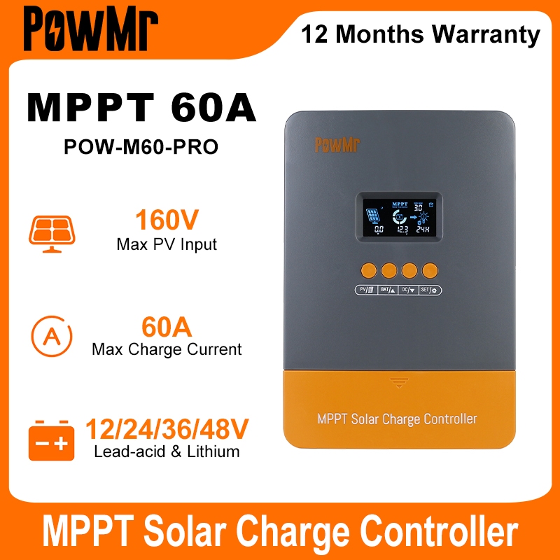 Powmr 60A MPPT ตัวควบคุมเครื่องชาร์จพลังงานแสงอาทิตย์ 12V 24V 36V 48V พร้อม Blacklight LCD Regulator