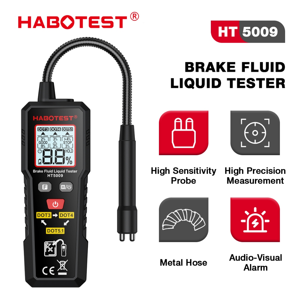 Habotest HT5009 เครื่องทดสอบของเหลวน้ํามันเบรก LCD น้ํามันเบรกดิจิตอลตรวจจับปากกาน้ํามันเบรกรถยนต์เนื้อหาเครื่องตรวจจับสัญญาณเตือน
