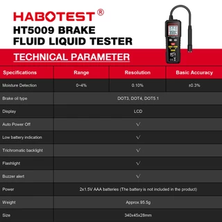 Habotest HT5009 เครื่องทดสอบของเหลวน้ํามันเบรก LCD น้ํามันเบรกดิจิตอลตรวจจับปากกาน้ํามันเบรกรถยนต์เนื้อหาเครื่องตรวจจับสัญญาณเตือน