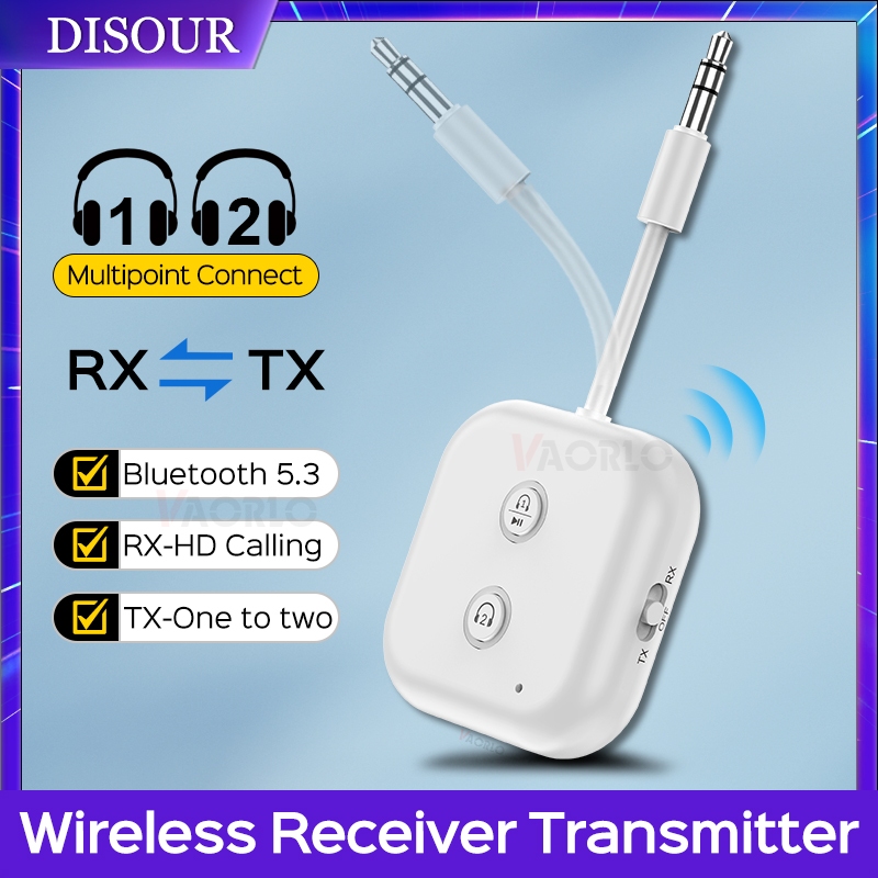 Disour บลูทูธ 5.3 Multipoint Receiver เครื่องส่งสัญญาณ 3.5 มม.AUX สเตอริโอเพลงอะแดปเตอร์เสียงไร้สายแฮนด์ฟรีโทรพร้อมไมโครโฟน