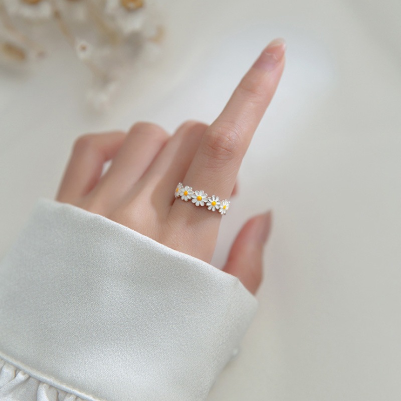 Jushi Daisy ดอกไม้เปิดแหวนนิ้วมือเงินสเตอร์ลิง Hypoallergenic Tarnish ฟรีของขวัญสําหรับผู้หญิงปรับได้