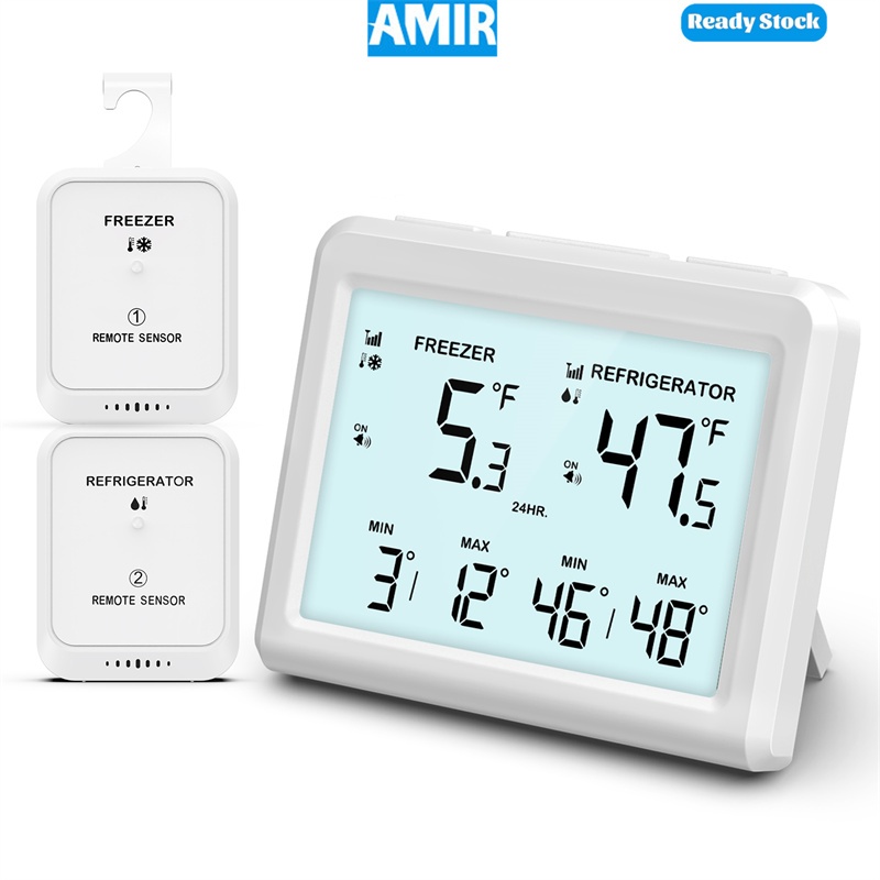 Amir เครื่องวัดอุณหภูมิตู้แช่แข็งไร้สายดิจิตอลสําหรับตู้เย็นพร้อมนาฬิกาปลุกอุณหภูมิสูงสุด/นาทีสําหรับร้านอาหารในบ้าน