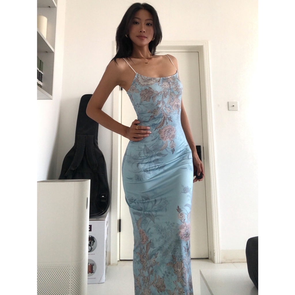Dunea ชุดเดรสพิมพ ์ ลายวินเทจ Tie Dye Blue สําหรับผู ้ หญิง