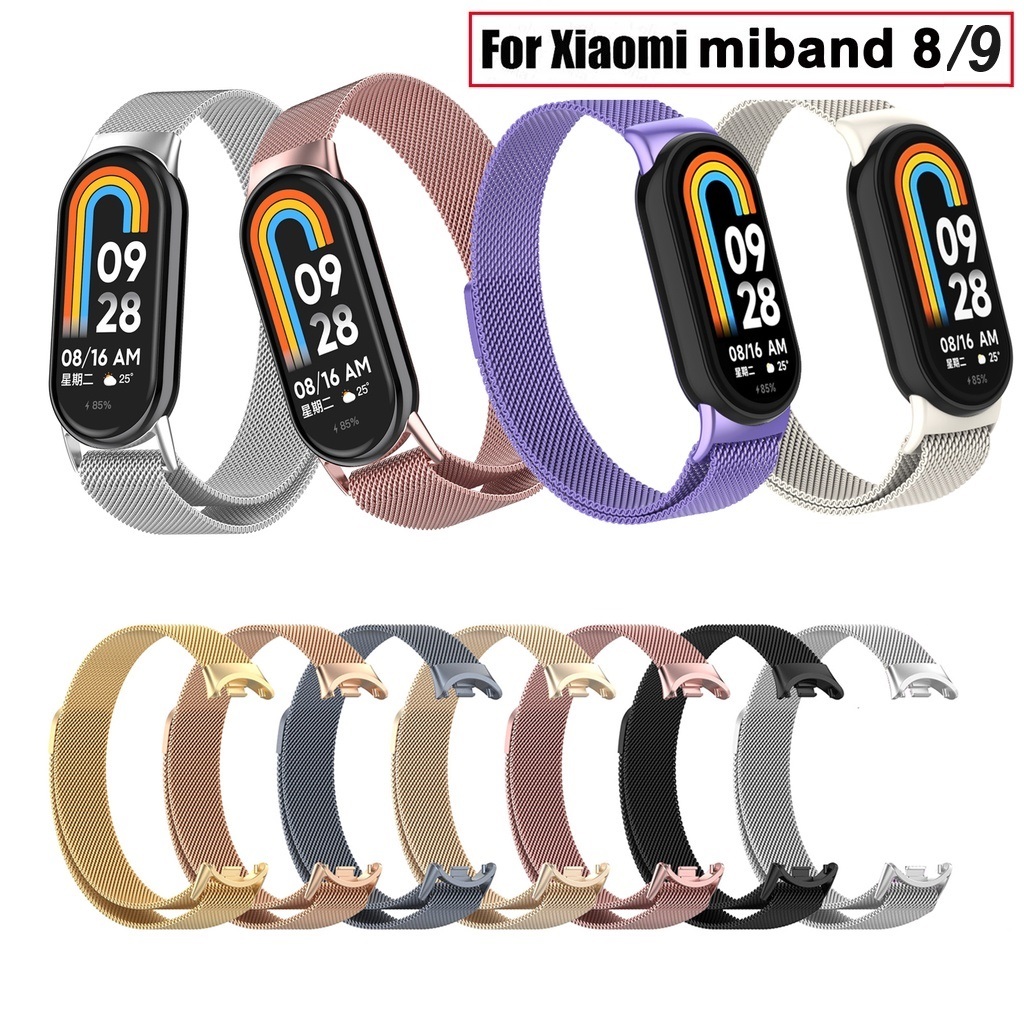 สาย Milanese สําหรับ Xiaomi Miband 8 9 mi band 8 9 สแตนเลสเปลี่ยนสร้อยข้อมือห่วงแม่เหล็กสายรัดข้อมืออัจฉริยะ