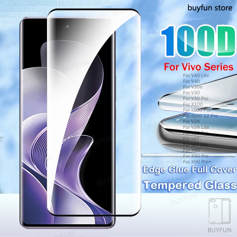 100d สําหรับ vivo V30 V40 Lite V30e v27 x100 iQOO 12 X90 Pro คลุมทั้งหมดฟิล์มนิรภัยขอบกาวแก้วป้องกันหน้าจอ