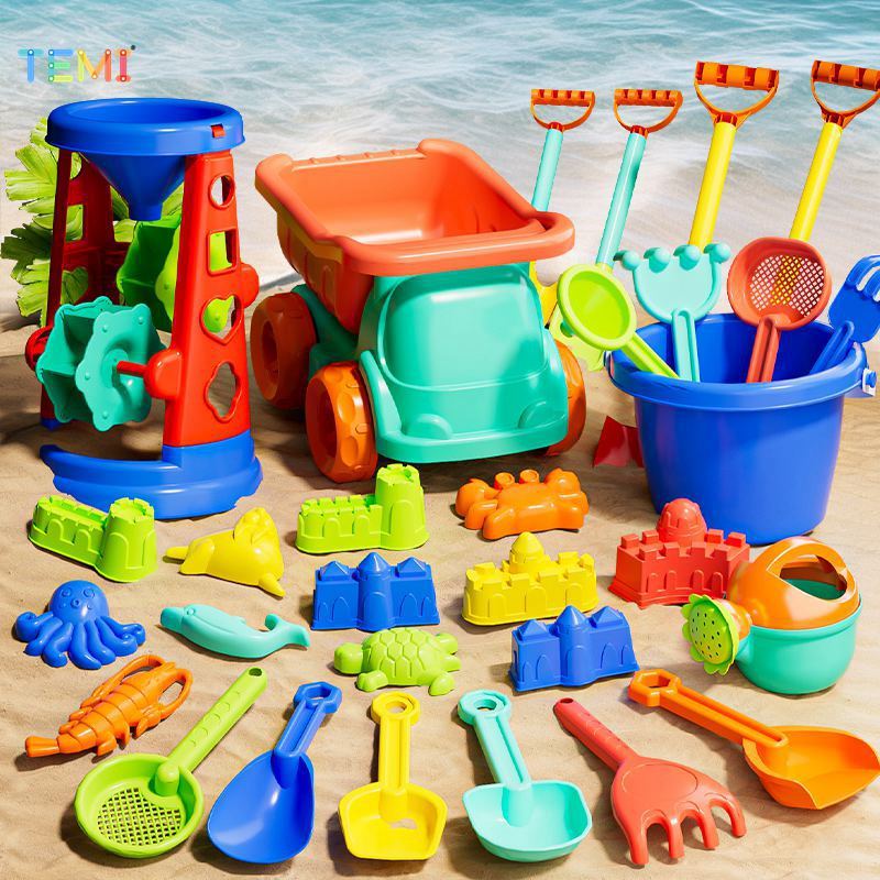 Temi 7 ชิ้นของเล่นชายหาดสําหรับเด็กรวมทั้งถังทราย, บัวรดน้ํา, คราด, พลั่วชายหาด Sandbox ของเล่น