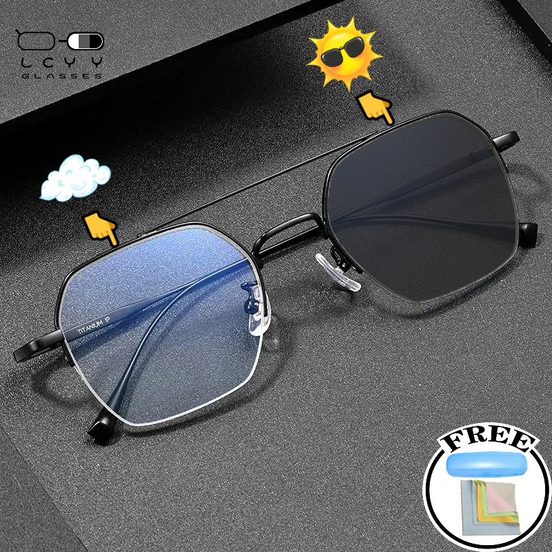 ฟรีกล่องกระจก+ผ้ากระจก LCYY Photochromic ป้องกันรังสีแว่นตาสําหรับผู้หญิงผู้ชายแฟชั่นโลหะครึ่งกรอบแว่นตาคอมพิวเตอร์ป้องกันแสงสีฟ้า UV400 Glare 9006