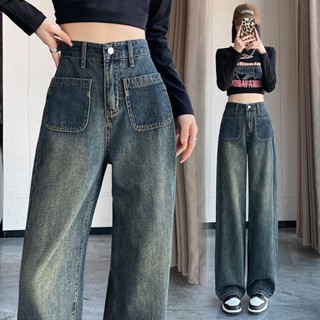 เวอร์ชั่นเกาหลีสไตล์ใหม่ล้างด้อยกางเกงยีนส์ตรงผู้หญิงออกแบบห…