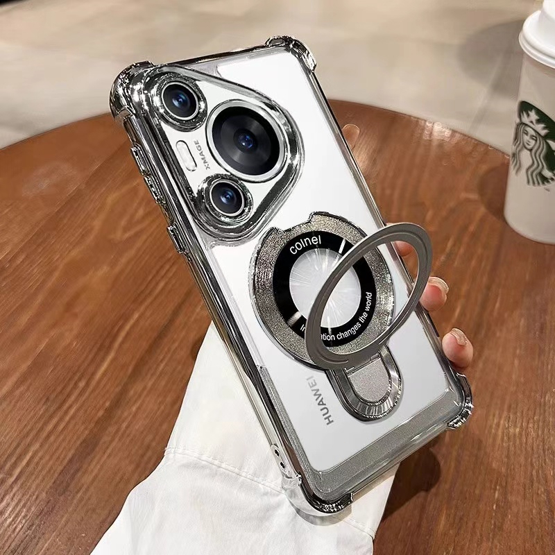 ถุงลมนิรภัย Anti-fall Magnetic U-Bracket Case สําหรับ Huawei Honor 200 90 Magic 6 5 4 X9B Pura70 ultra Mate 40 50 60 Pro + ปลอกชุบโปร่งใส Hard Stand Cover