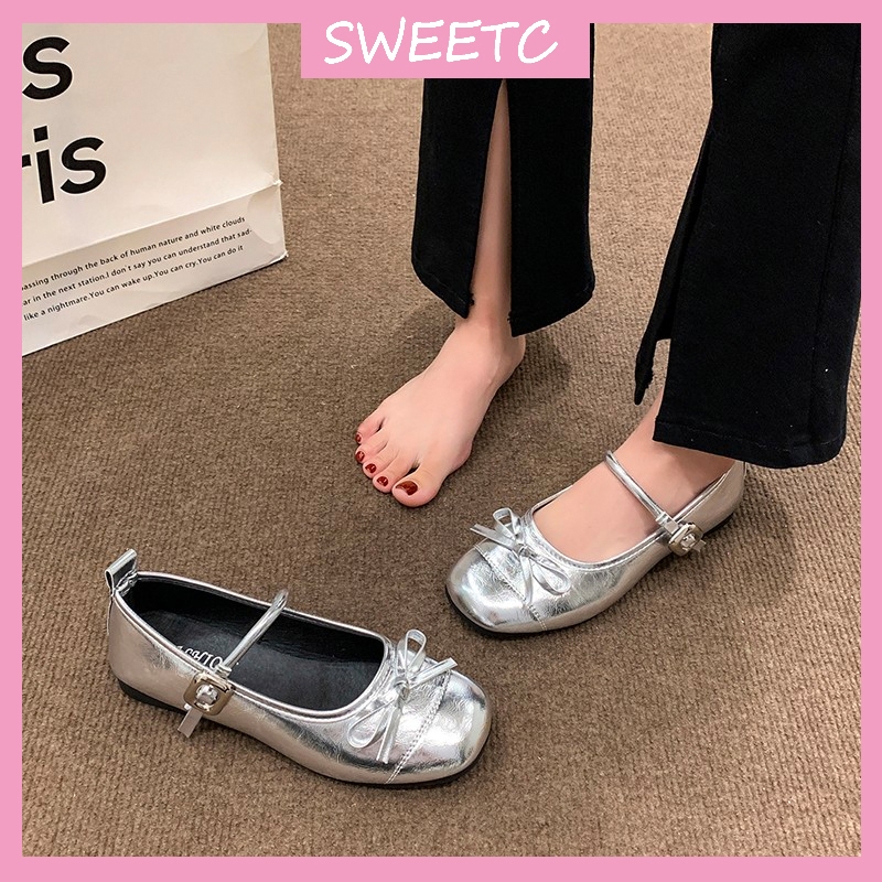 รองเท้าบัลเล่ต์หัวมนแบบมีโบว์ พื้นนิ่ม สำหรับผู้หญิง