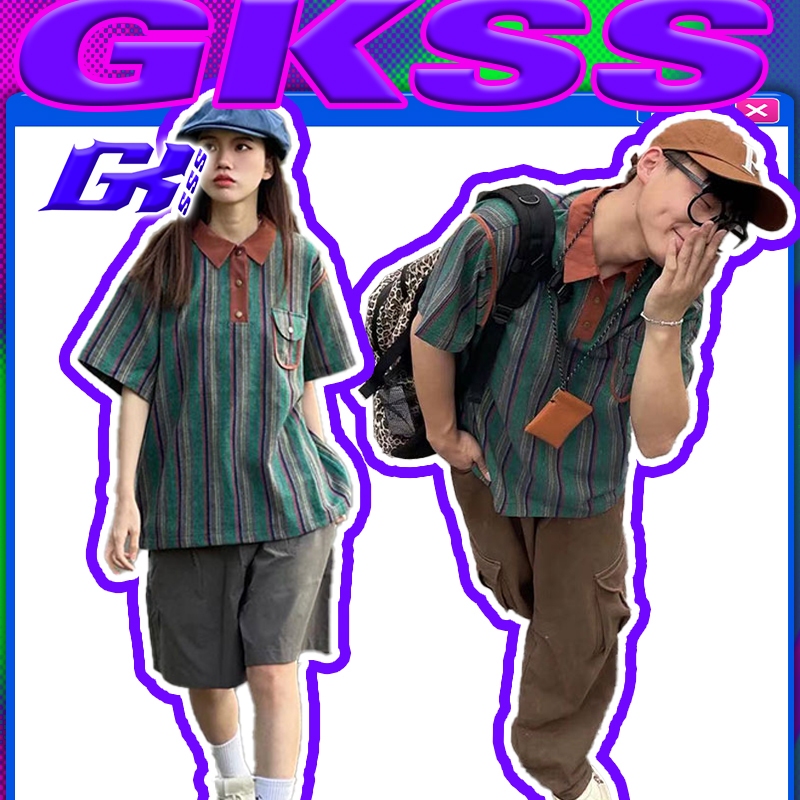 GKSSS เสื้อโปโลแขนสั้นนางแบบคู่รักลายทางย้อนยุคคอพับเสื้อทรงหลวมลำลอง