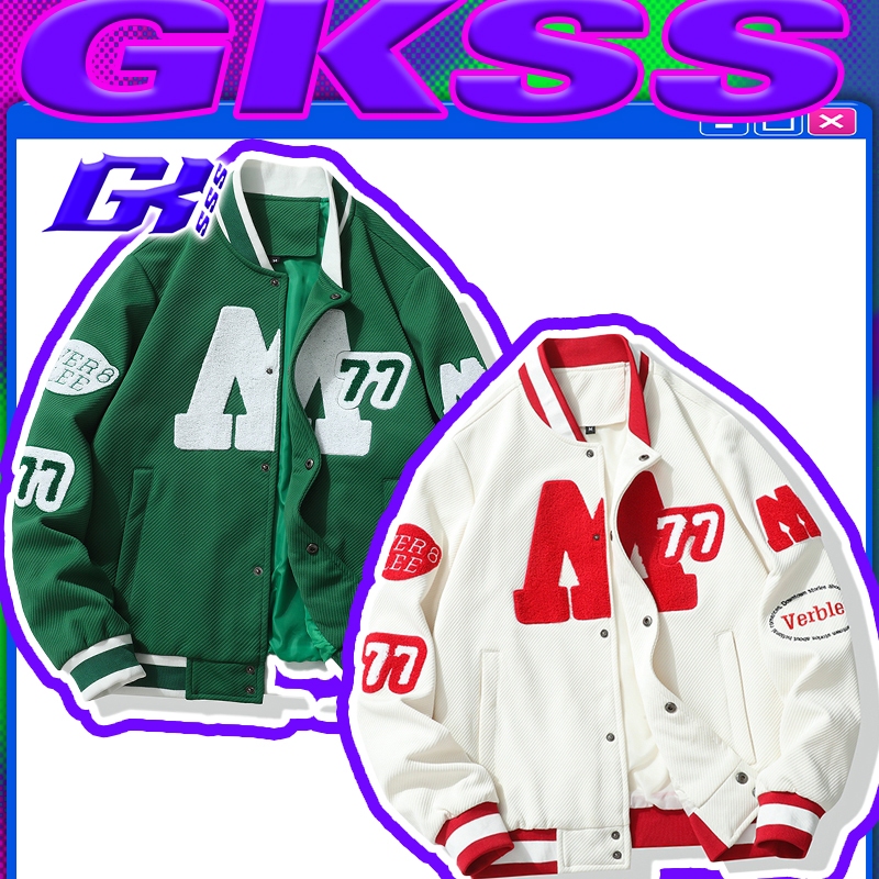 Gksss เสื้อแจ็คเก็ตเบสบอลผู้ชายสไตล์วิทยาลัยเยาวชนสไตล์อเมริกันเทรนด์หลวมด้านบน