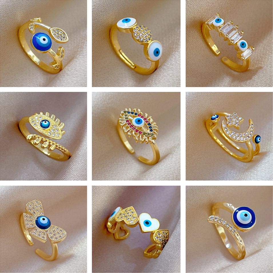 Evil Eye แหวนผู้หญิงเปิดนิ้วมือปรับ 18K Gold Plated สแตนเลส Cubic Zirconia Faith เครื่องประดับป้องกันแหวนแฟชั่น