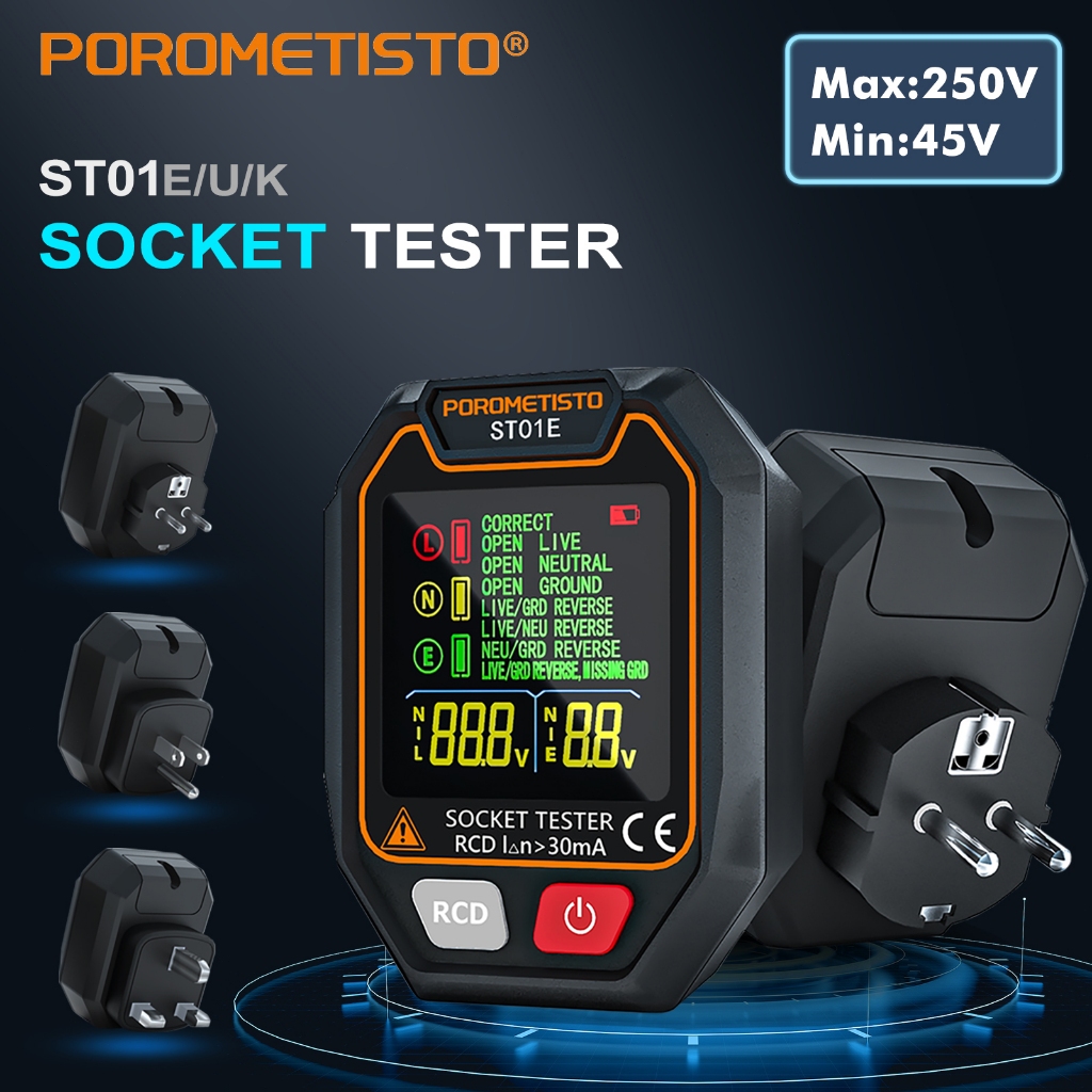 Porometisto ST01 เครื่องทดสอบซ็อกเก็ตดิจิตอล Pro การทดสอบแรงดันไฟฟ้า RCD/GFCI เครื่องตรวจจับซ็อกเก็ต US/UK/EU ปลั๊ก Ground Neutral Plug Polarity Phase Checker
