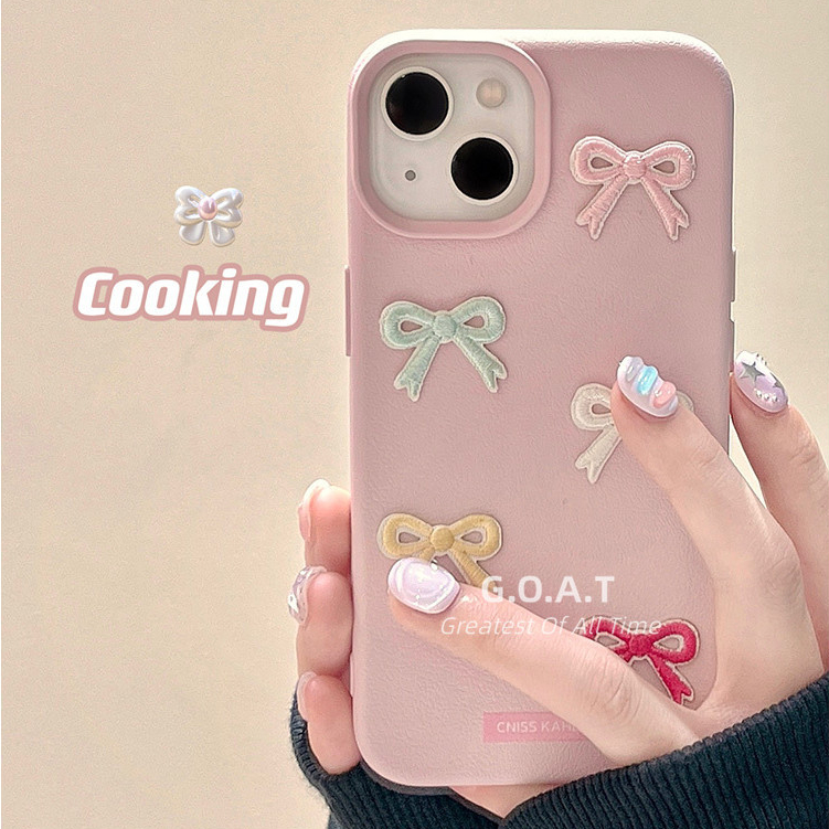 Goat สไตล์เกาหลี Instagram niche high-end สีชมพูปักโบว์ปลอกเข้ากันได้สําหรับ iPhone 11 15 14 13 12 Pro Max เคสไอโฟนป้องกันการตกกระแทกฝาหลังกรณี