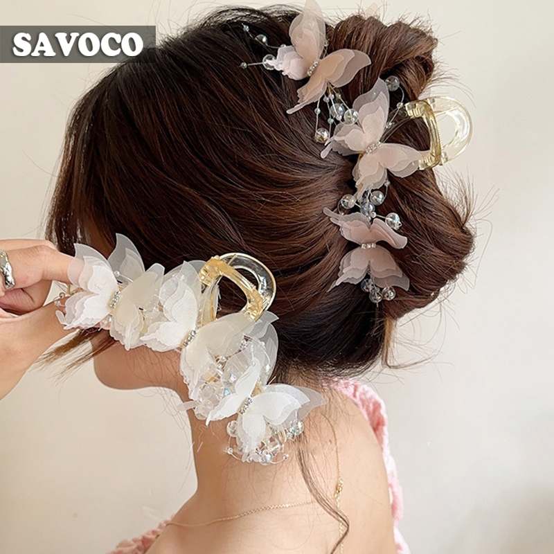 Savoco ใหม่ผีเสื้อกิ๊บหญิงสีชมพู Headdress แฟชั่น Tulle Shark จับคลิปสําหรับผู้หญิงอุปกรณ์เสริมผม SC039