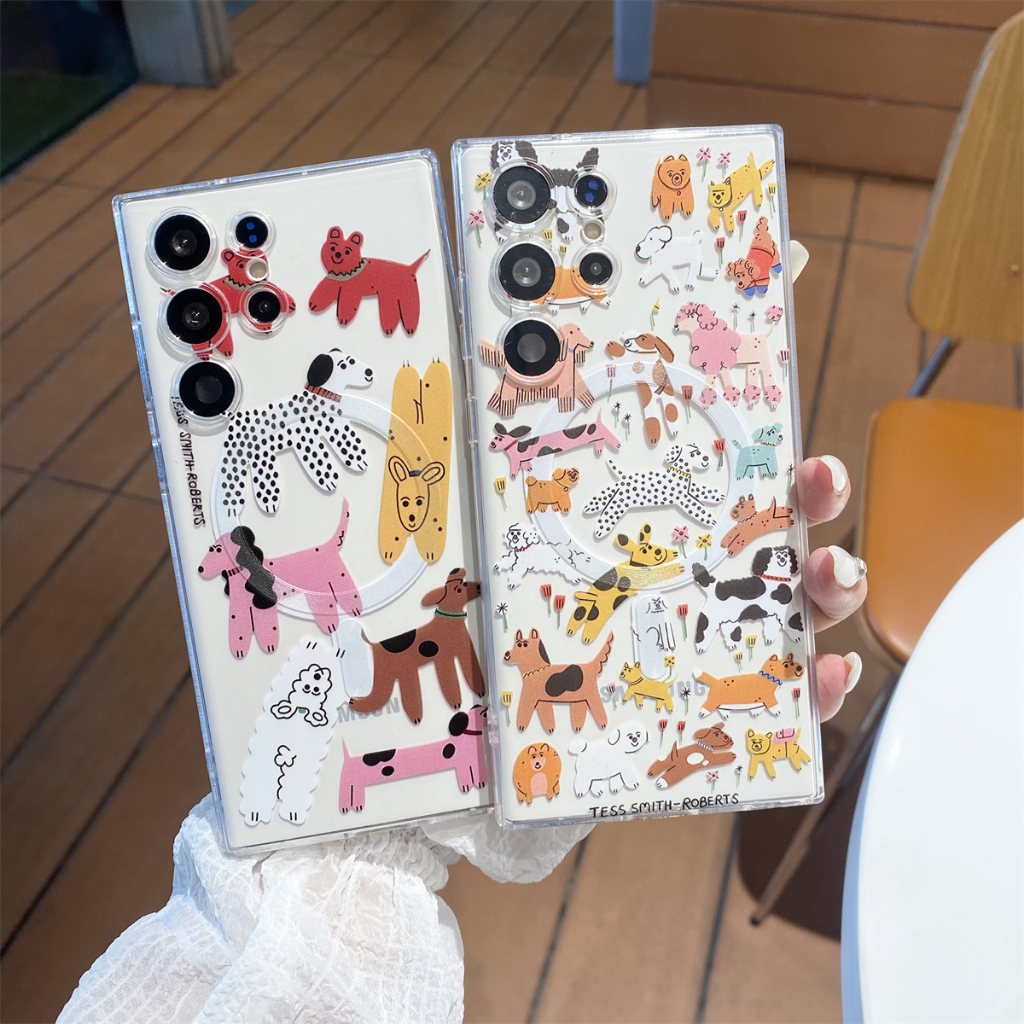 การ์ตูน น่ารัก ลูกสุนัข สวรรค์ เคส Samsung Galaxy S23 S24 Ultra S22Ultra S21Ultra S24 S23 S22 S21 Plus + Note 20 Ultra A55 Case Magnetic การชาร์จแบบไร้สาย โปร่งใส TPU Case
