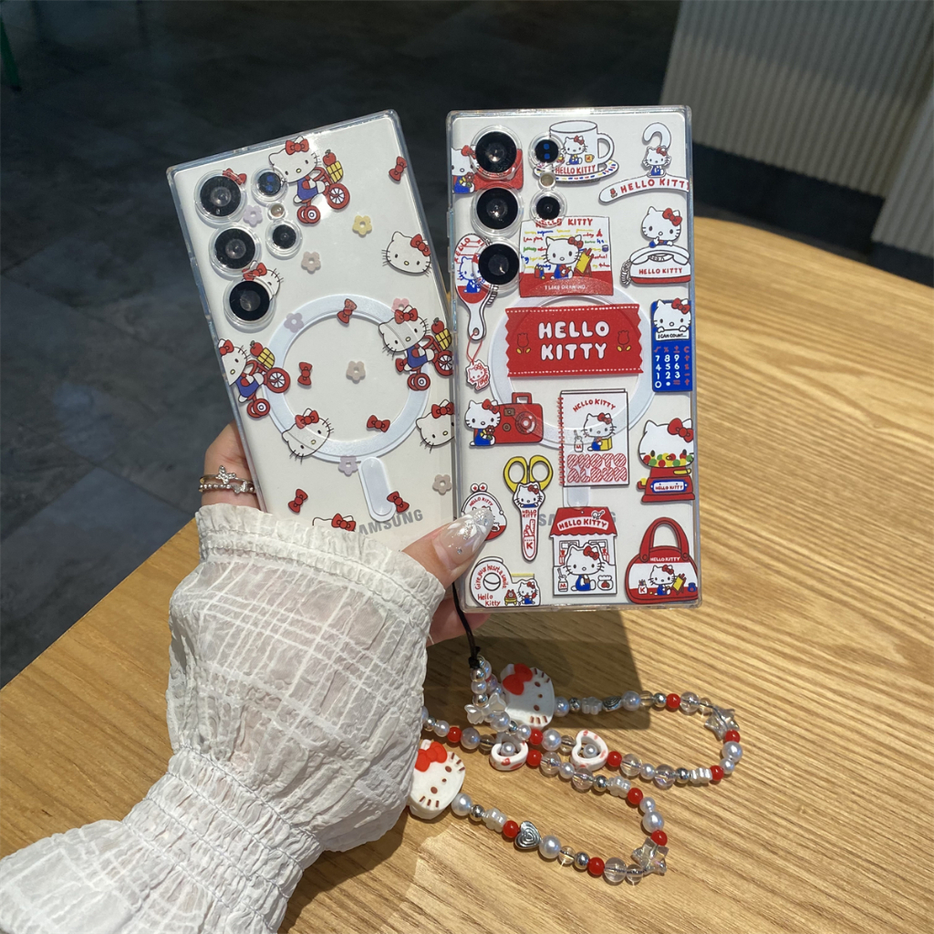 การ์ตูน น่ารัก การปั่นจักรยาน Hello Kitty สร้อยข้อมือ เคส Samsung Galaxy S23 S24 Ultra S22Ultra S21Ultra S24 S23 S22 S21 Plus + Note 20 Ultra A55 Case Magnetic การชาร์จแบบไร้สาย โปร่งใส TPU Case
