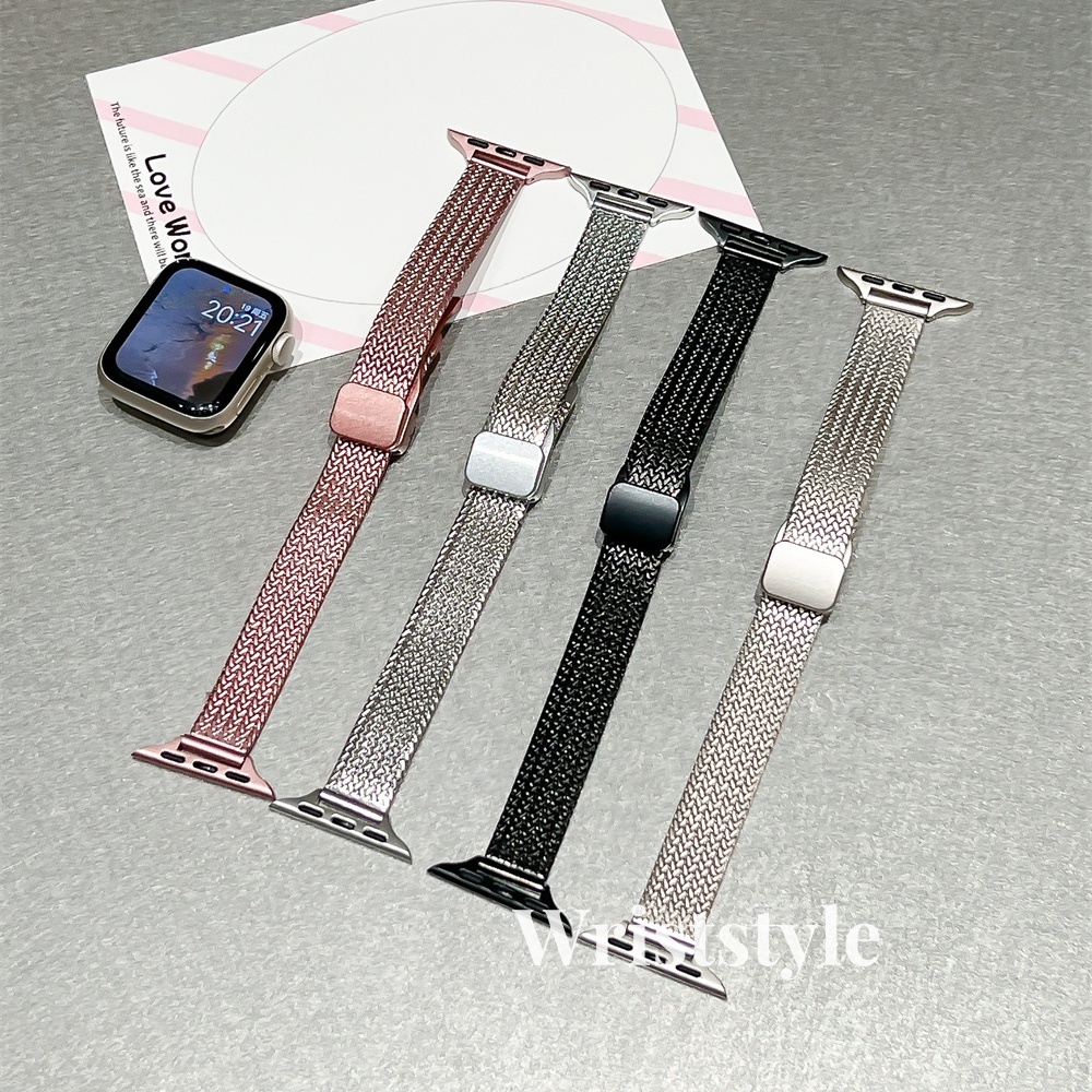 สายโลหะสแตนเลสขนาดเล็กบางสําหรับ Apple Watch S9/8/7/6/5/4/3/2/1 SE2 ULTRA2 ผู้หญิงสไตล์สร้อยข้อมือสําหรับ iWatch 49 มม.45 มม.44 มม.42 มม.41 มม.40 มม.38 มม.