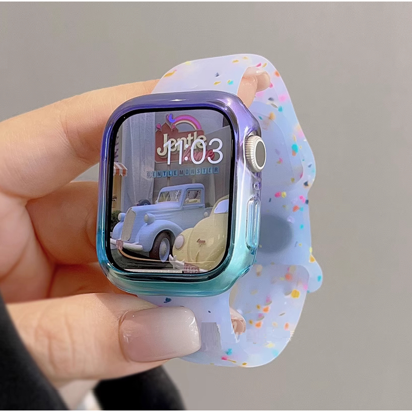 Jelly สายซิลิโคน + สีไล่ระดับสี i นาฬิกาสําหรับ Watch Series9 Series8 7 6 5 4 3 2 1,SE, SE2, Ultra 2 สายรัดข้อมือขนาด 49 มม.41 มม.45 มม.40 มม.44 มม.38 มม.42 มม.I สายนาฬิกา