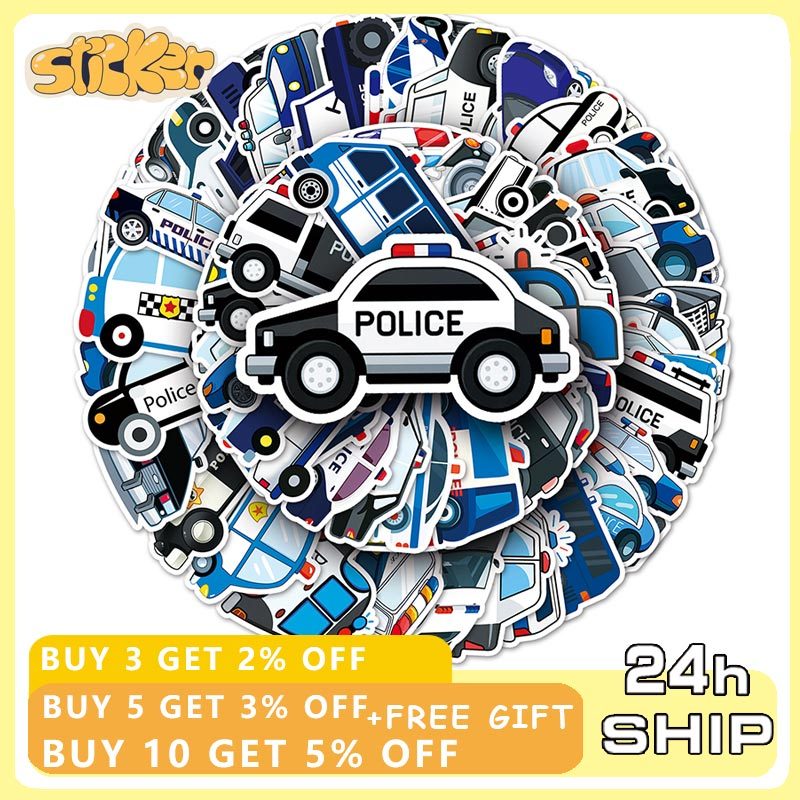 50pcs การ์ตูนตํารวจรถสติกเกอร์ PVC สติกเกอร์กันน้ํา Decals สําหรับเด็กเด็กผู้หญิงของเล่นของขวัญ