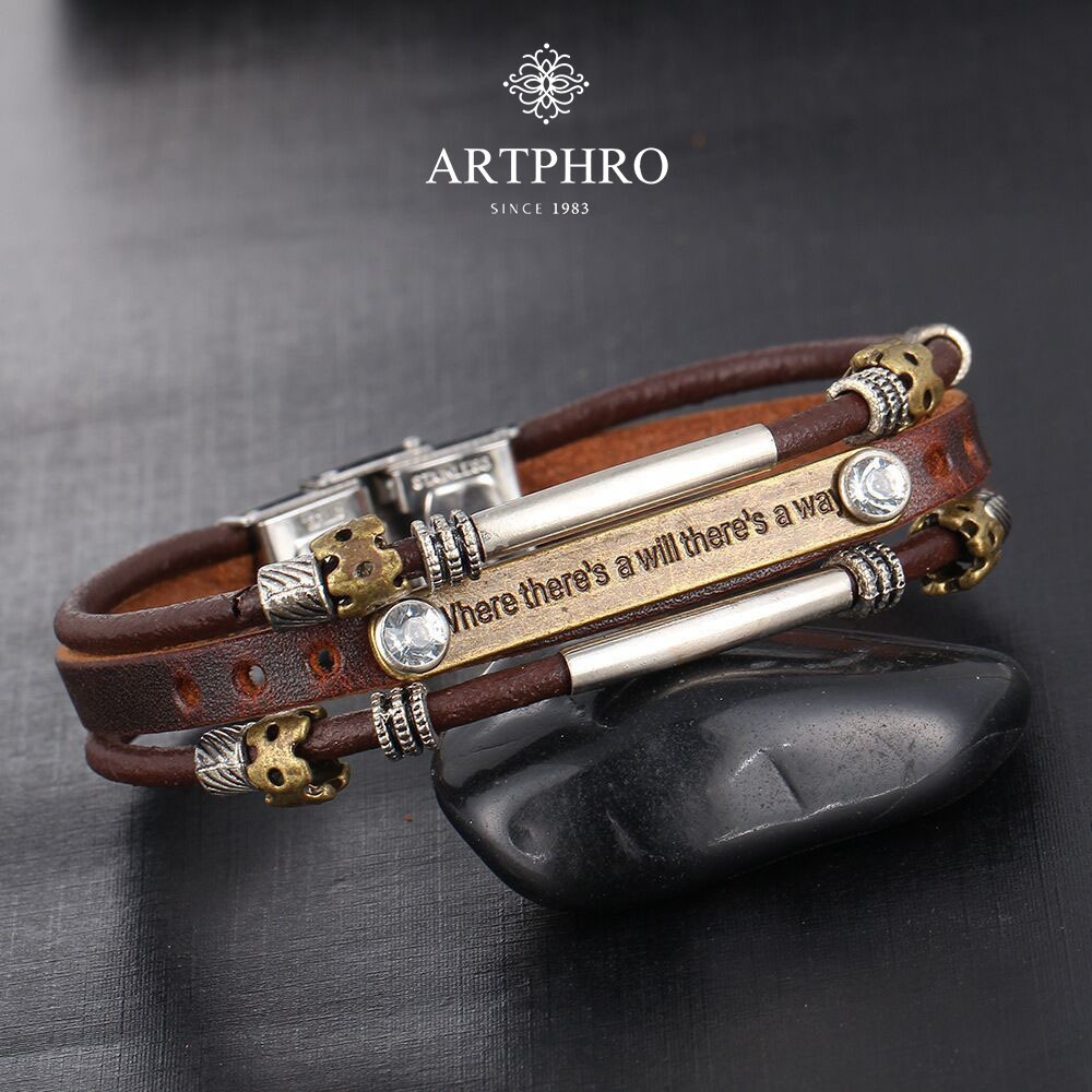 อาร์ตโบร สร้อยข้อมือหนังหลายชั้นเหล็กไทเทเนียม ย้อนยุค สําหรับผู้ชาย และผู้หญิง