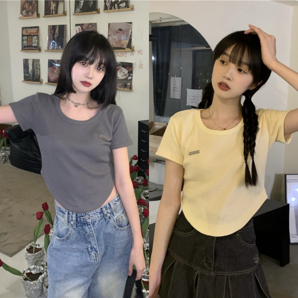 Bella Shop เสื้อยืดแขนสั้นสไตล์หวาน เสื้อตัวสั้นทรง U ฤดูร้อน chic