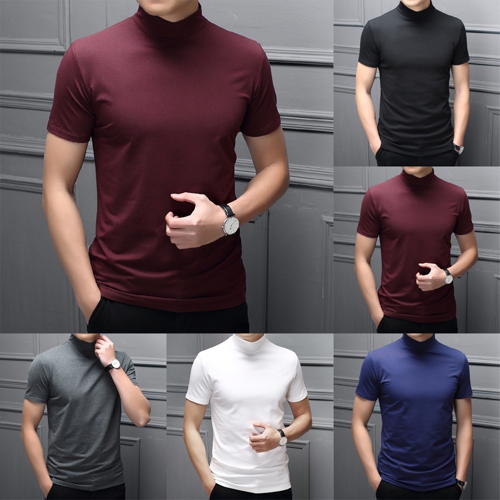 เสื้อยืดแขนสั้น คอสูง ผ้าฝ้าย แบบเข้ารูป แฟชั่นฤดูใบไม้ผลิ สําหรับผู้ชาย