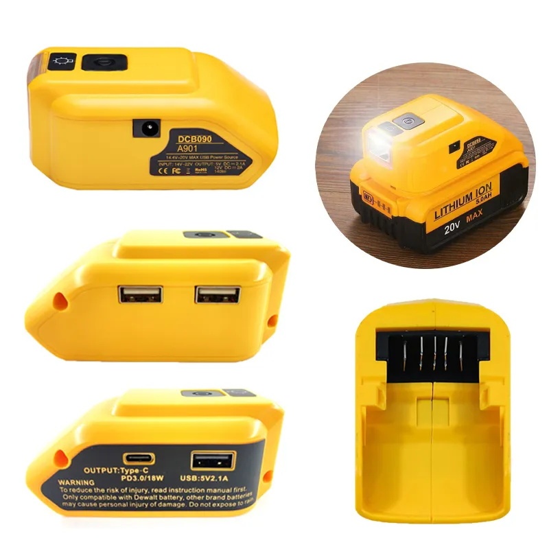 Power Source Converter อะแดปเตอร์แบตเตอรี่สําหรับ Dewalt 18V 20V Max Li-ion แบตเตอรี่ Dual USB Type-C DC LED ทํางาน