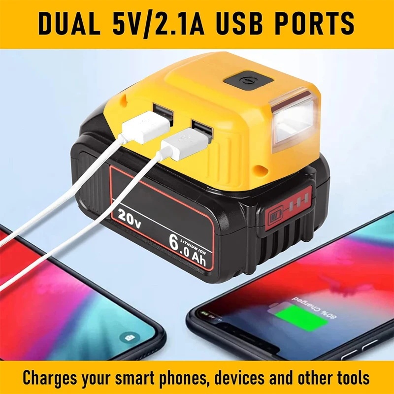 Power Source Converter อะแดปเตอร์แบตเตอรี่สําหรับ Dewalt 18V 20V Max Li-ion แบตเตอรี่ Dual USB Type-C DC LED ทํางาน