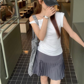 Bella Shop 🌻เสื้อยืดสไตล์เกาหลี💕รออกแบบความรู้สึกไหล่เฉียงเซ็กซี่แขนสั้น✨✨สุภาพสตรีฤดูร้อนความรู้สึกแฟชั่นแขนสั้น