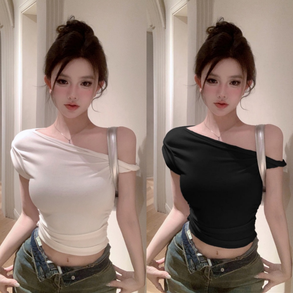 Luna Shop การออกแบบเสื้อยืดแขนสั้นผู้หญิงเปลือยสะดือไม่สม่ำเสมอในช่วงฤดูร้อนปิดไหล่เซ็กซี่